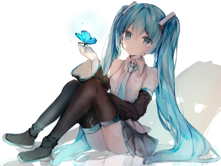 1girl aqua_eyes aqua_hair arm_warmers black_legwear boots butterfly detached_sleeves eyebrows_visible_through_hair grey_shirt hatsune_miku insect long_hair necktie open_mouth ptmko_d shadow shirt simple_background sitting skirt solo thigh-highs thigh_boots twintails very_long_hair vocaloid white_background