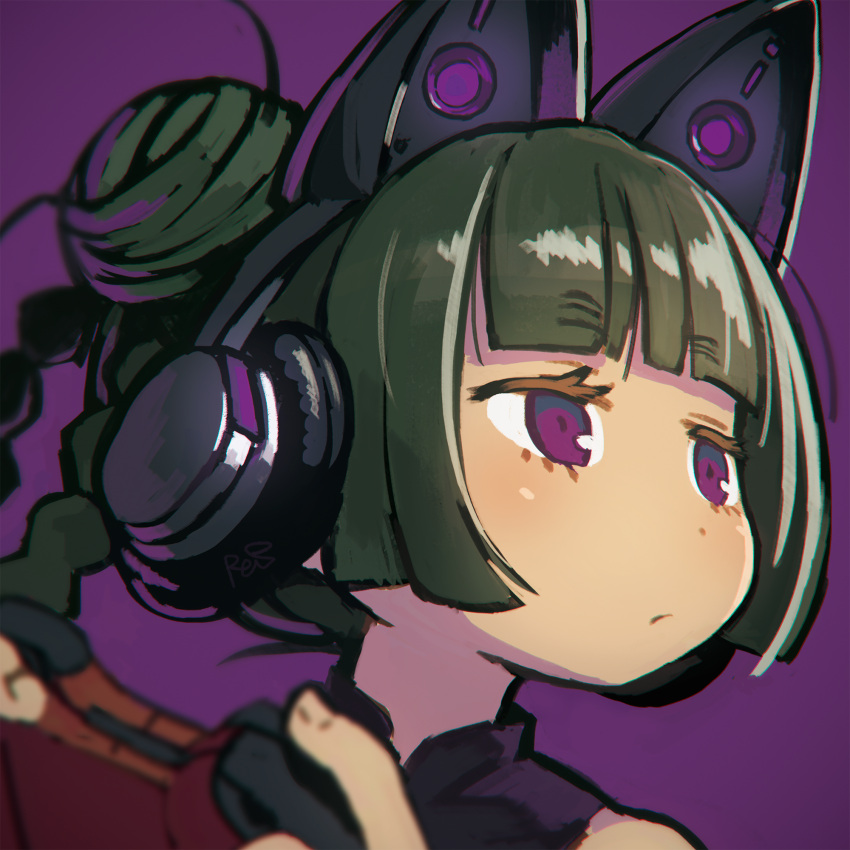 1girl :/ bangs blunt_bangs blurry cat_ear_headphones character_request chromatic_aberration closed_mouth controller copyright_request depth_of_field eyebrows eyebrows_visible_through_hair fingernails frown game_controller green_hair hair_bun headphones highres holding portrait purple_background reiesu_(reis) short_hair solo upper_body violet_eyes