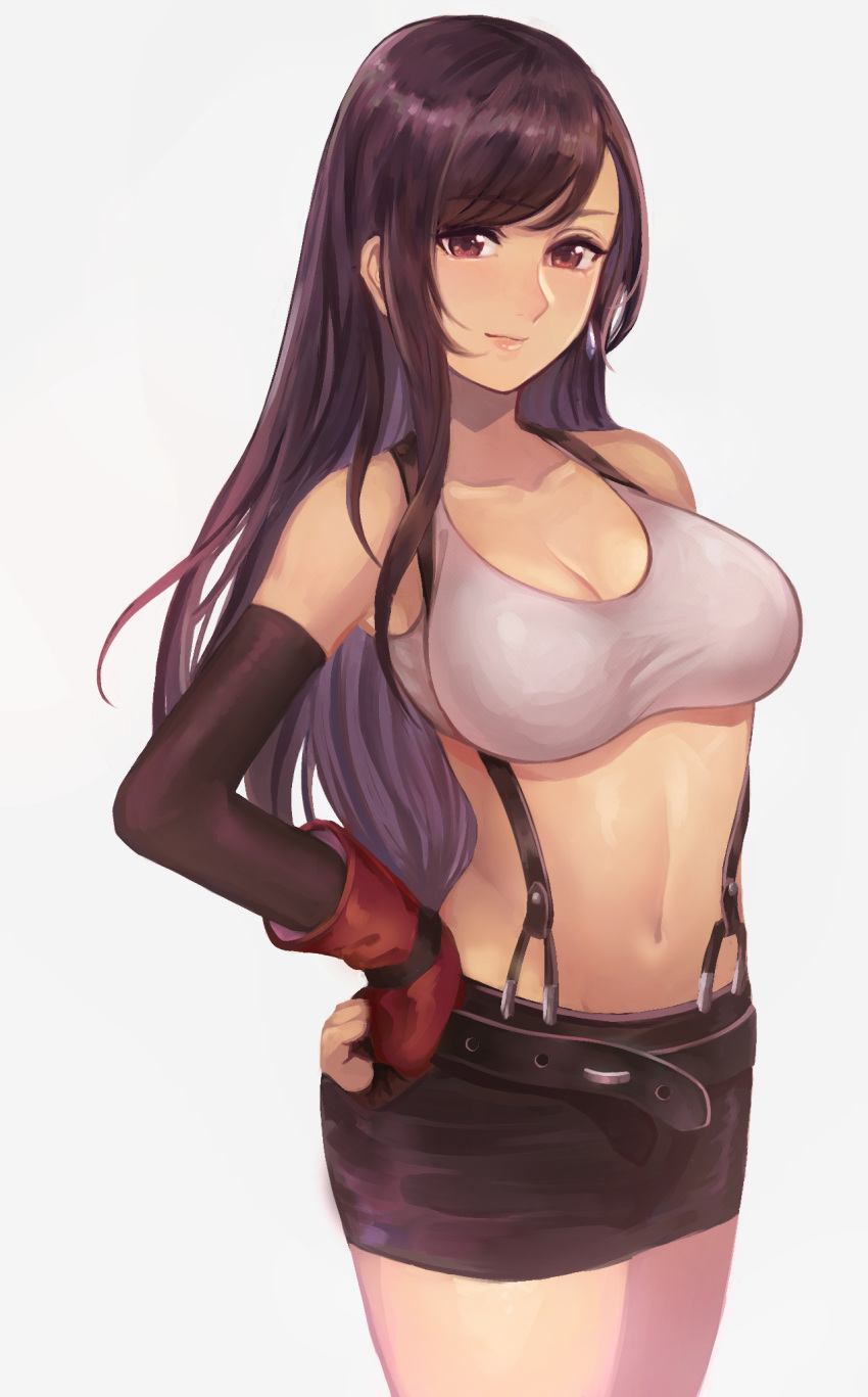 breasts brown_eyes brown_hair elbow_gloves elbow_pads final_fantasy final_fantasy_vii fingerless_gloves gloves hand_on_hip highres jj_steak large_breasts long_hair midriff miniskirt navel pencil_skirt shirt skirt suspender_skirt suspenders tank_top taut_clothes taut_shirt tifa_lockhart