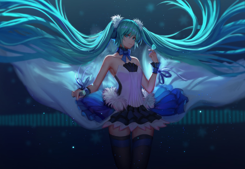 1girl 7th_dragon_(series) 7th_dragon_2020 absurdres aqua_eyes aqua_hair cowboy_shot floating_hair hatsune_miku headphones highres long_hair looking_at_viewer night pre_(17194196) skirt solo thigh-highs twintails very_long_hair vocaloid