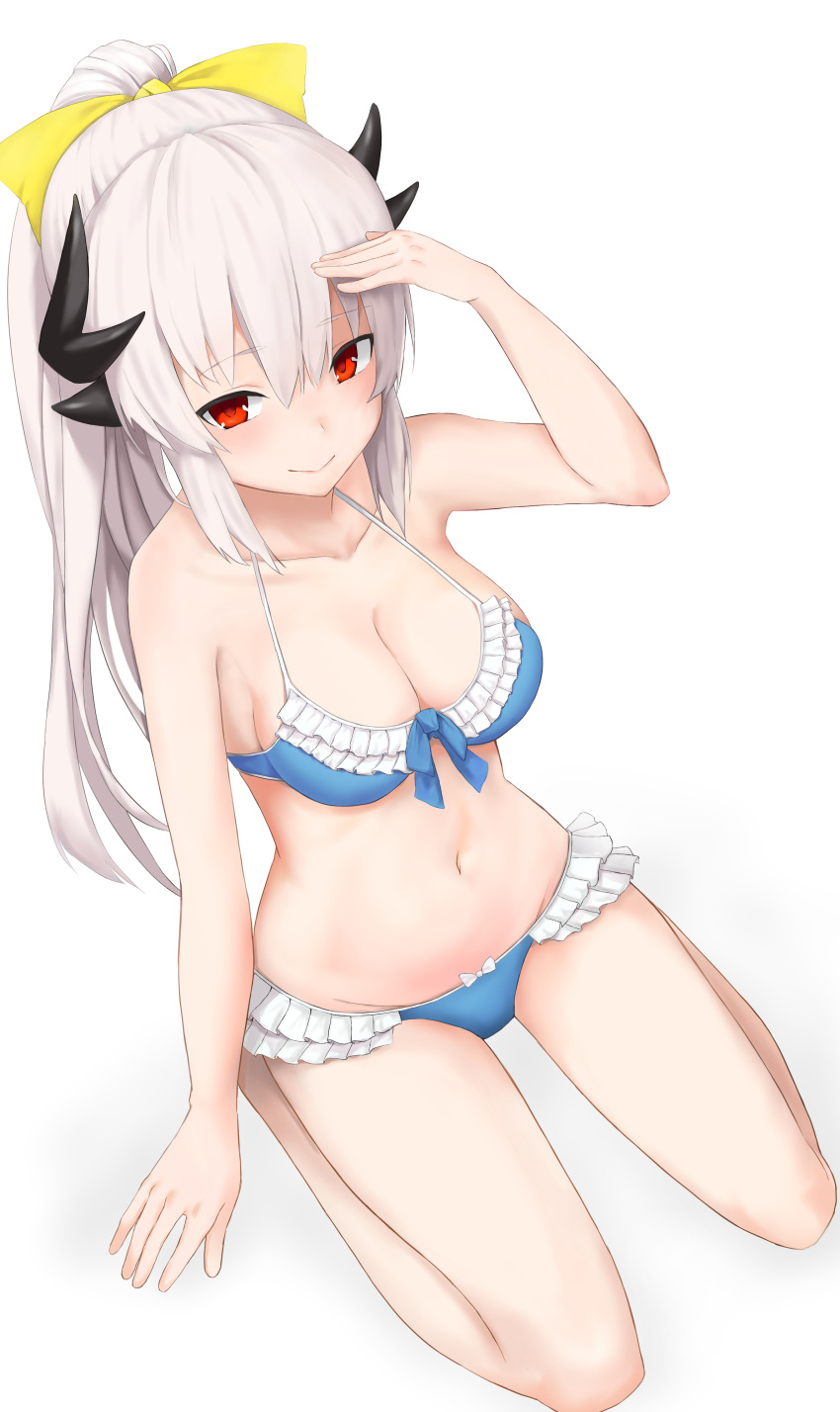 1girl absurdres arm_at_side arm_up bangs bare_arms bare_legs bare_shoulders bikini blue_bikini blush bow breasts cleavage closed_mouth collarbone eyebrows_visible_through_hair fate/grand_order fate_(series) frilled_bikini frills from_above full_body groin hair_bow high_ponytail highres horns kiyohime_(fate/grand_order) kiyohime_(swimsuit_lancer)_(fate) kneeling long_hair looking_at_viewer looking_up medium_breasts navel pnoji red_eyes salute sidelocks simple_background smile solo stomach swimsuit tsurime very_long_hair white_background yellow_bow