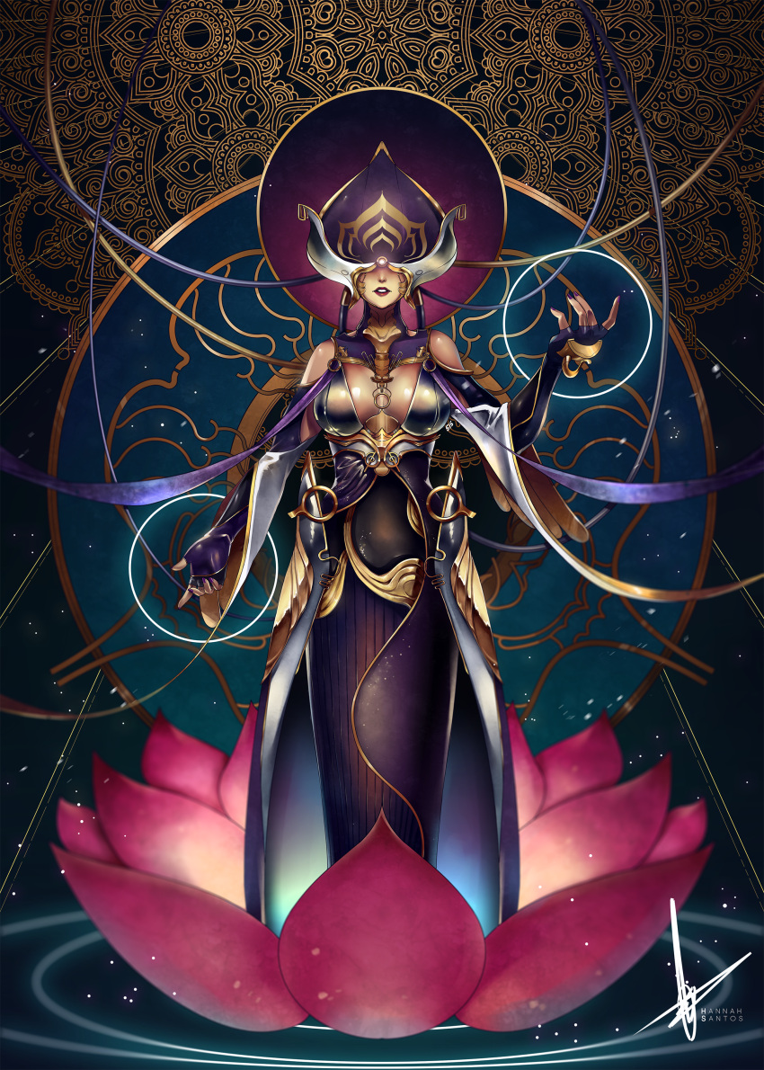 1girl absurdres breasts cleavage cleavage_cutout covered_eyes dress elbow_gloves english_commentary facing_viewer fingerless_gloves flower full_body gloves hannah_santos headgear highres large_breasts lips long_dress lotus_(warframe) lotus_pedestal nail_polish purple_nails ribbon solo warframe