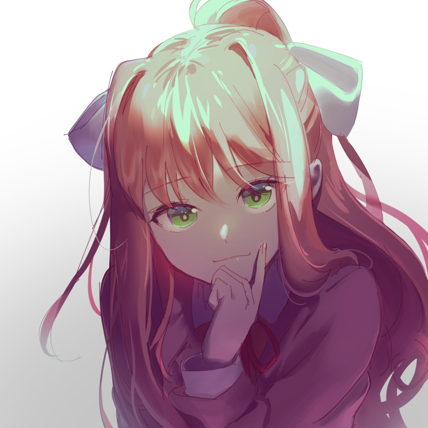 1girl alpha_(ypalpha79) bangs blazer blush bow breasts brown_hair closed_mouth collared_shirt commentary doki_doki_literature_club english_commentary eyebrows_visible_through_hair finger_to_cheek gradient gradient_background green_eyes grey_background grey_jacket hair_bow hair_intakes high_ponytail highres jacket long_hair long_sleeves looking_at_viewer monika_(doki_doki_literature_club) neck_ribbon ponytail red_neckwear red_ribbon ribbon school_uniform shirt sidelocks simple_background smile solo upper_body white_background white_shirt wing_collar