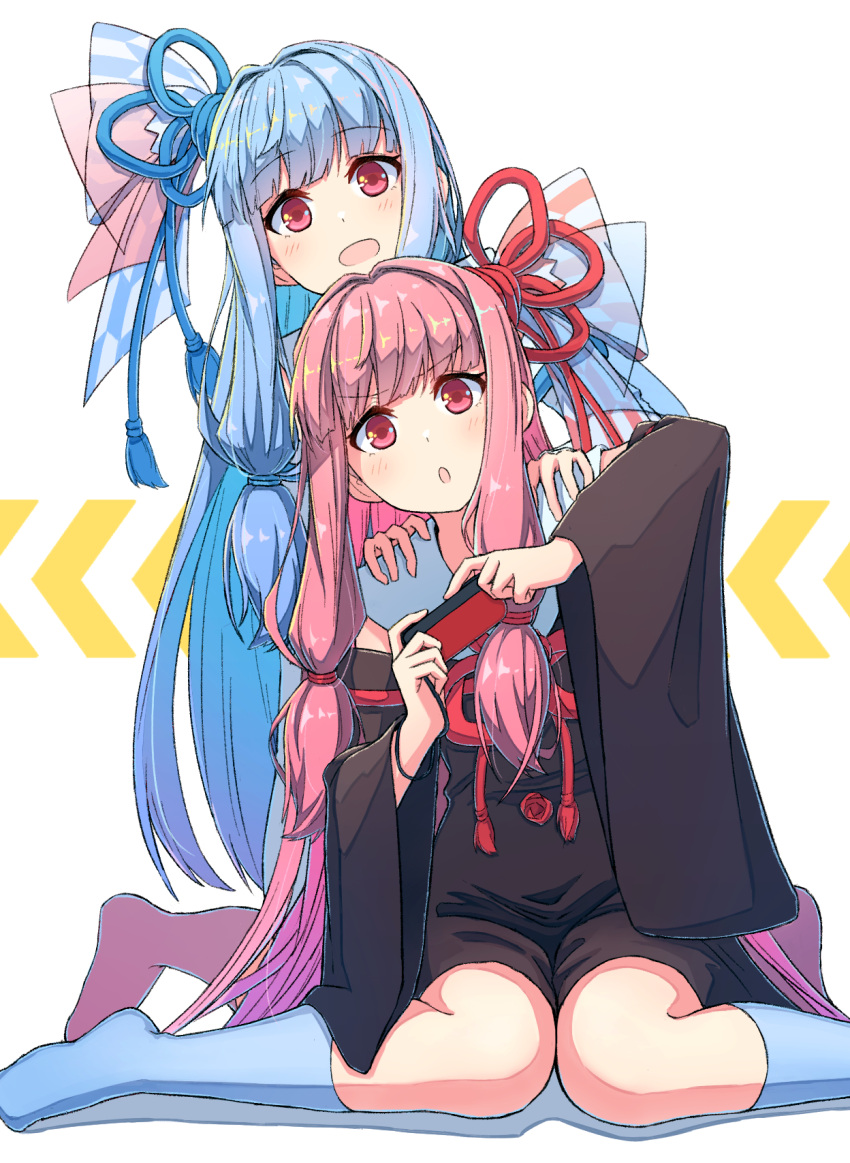 2girls :d amekaze_yukinatsu bangs black_dress blue_hair blue_legwear blue_ribbon blush commentary_request detached_sleeves dress eyebrows_visible_through_hair hair_ribbon highres holding kneehighs kneeling kotonoha_akane kotonoha_aoi leaning_to_the_side long_hair long_sleeves multiple_girls no_shoes open_mouth parted_lips pink_hair pink_legwear red_eyes red_ribbon ribbon siblings sidelocks sisters sitting smile very_long_hair voiceroid white_background wide_sleeves