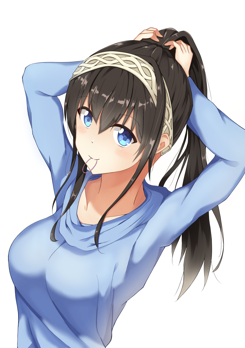 1girl absurdres aiban black_hair blue_eyes breasts commentary_request hair_tie hairband highres idolmaster idolmaster_cinderella_girls large_breasts light_blush long_hair looking_at_viewer mouth_hold ponytail sagisawa_fumika smile solo white_background