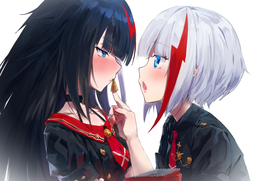 2girls admiral_graf_spee_(azur_lane) azur_lane badge bag_of_chips bangs black_choker black_hair blunt_bangs blush chips choker closed_mouth deutschland_(azur_lane) eye_contact feeding food halfway long_hair looking_at_another military military_uniform multicolored_hair multiple_girls nail_polish necktie nose_blush pink_nails red_neckwear redhead short_hair short_sleeves sidelocks silver_hair simple_background streaked_hair sweatdrop uniform upper_body white_background