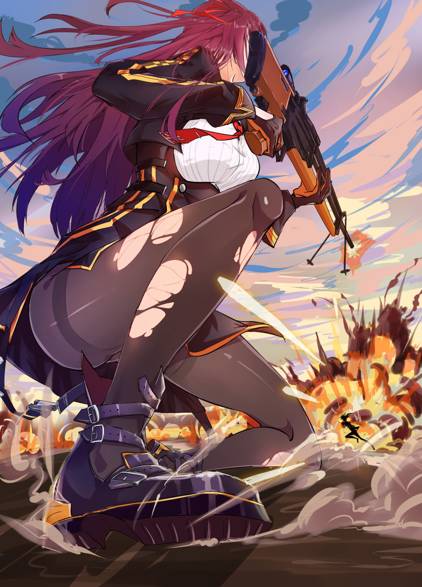 1girl 2girls absurdres action ankle_boots belt belt_boots bipod black_footwear black_legwear black_skirt blazer blush boots breasts buckle bullpup dust explosion fire firing floating_hair from_below girls_frontline gloves gun hair_ribbon half_updo highres holding holding_gun holding_weapon jacket large_breasts long_hair looking_at_another multiple_girls necktie one_knee one_side_up pantyhose purple_hair red_neckwear ribbon rifle running scope shell_casing shirt shoes skirt sliding smoke sniper_rifle solo striped striped_shirt thighs torn_clothes torn_pantyhose very_long_hair wa2000_(girls_frontline) walther walther_wa_2000 weapon white_shirt wind wind_lift ya_yan