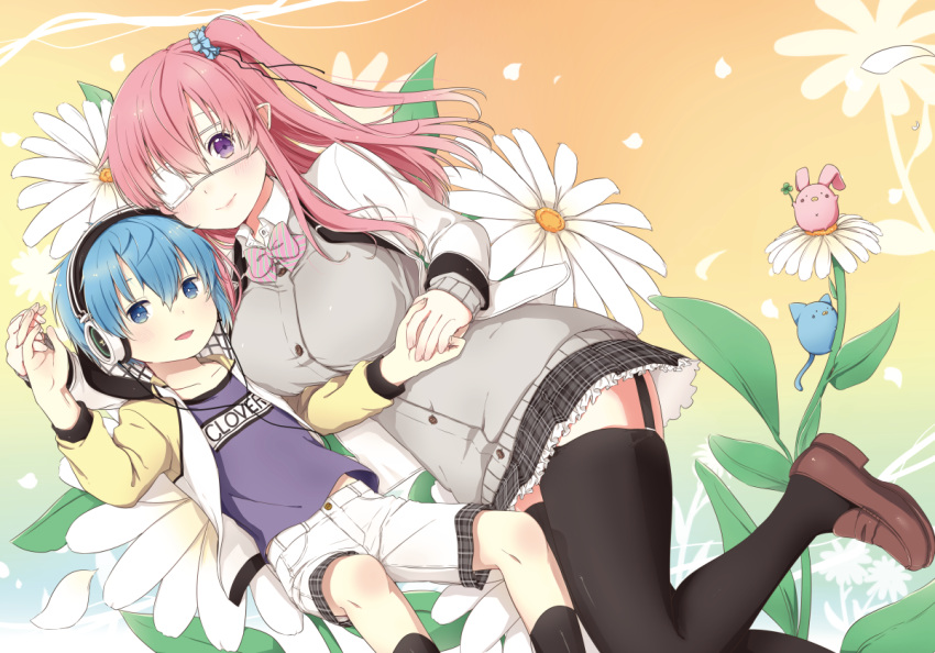 1boy 1girl age_difference black_legwear blue_eyes blue_hair blush breasts creature eyepatch hand_holding headphones large_breasts one_side_up original os_(os_fresa) pink_hair pointy_ears shota side_ponytail skirt smile thigh-highs violet_eyes