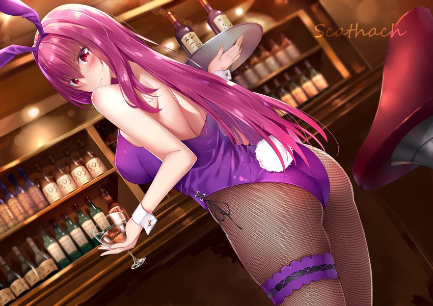 1girl animal_ears ass bangs bar bare_shoulders blush bottle breasts bunny_girl bunny_tail bunnysuit character_name commentary_request cup cupping_glass drinking_glass dutch_angle eyebrows_visible_through_hair fate/grand_order fate_(series) fingernails fishnet_pantyhose fishnets hair_between_eyes hairband holding holding_drinking_glass holding_tray indoors large_breasts leg_garter leotard long_hair looking_at_viewer looking_back pantyhose purple_hair purple_hairband purple_leotard rabbit_ears red_eyes rong_yi_tan scathach_(fate/grand_order) solo stool tail tray very_long_hair wine_glass wrist_cuffs