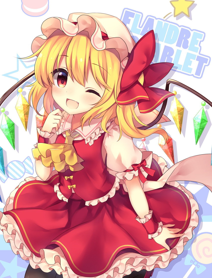 1girl ;d absurdres ascot black_legwear blonde_hair blush bow candy character_name commentary_request crystal eyebrows_visible_through_hair fang flandre_scarlet food frilled_shirt_collar frills hair_between_eyes hand_up hat hat_bow head_tilt highres lollipop macaron mob_cap one_eye_closed open_mouth petticoat puffy_short_sleeves puffy_sleeves red_bow red_eyes red_footwear red_skirt red_vest ruhika shadow shoes short_hair short_sleeves side_ponytail simple_background skirt smile solo star touhou vest white_background white_hat wings wrist_cuffs yellow_neckwear