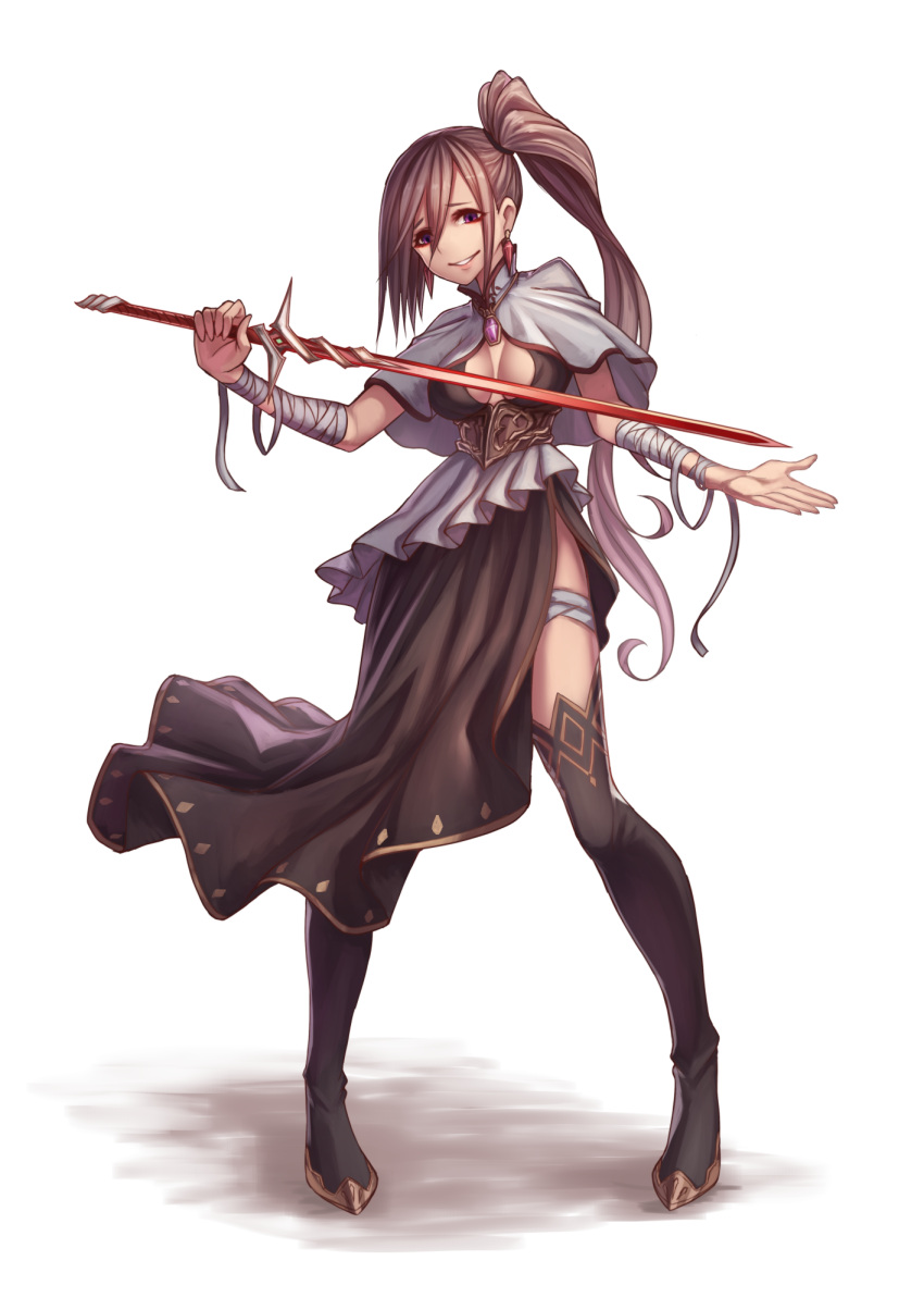 1girl grey_hair highres hrtyuk long_hair open_mouth original side_ponytail skirt smile solo sword thigh-highs weapon