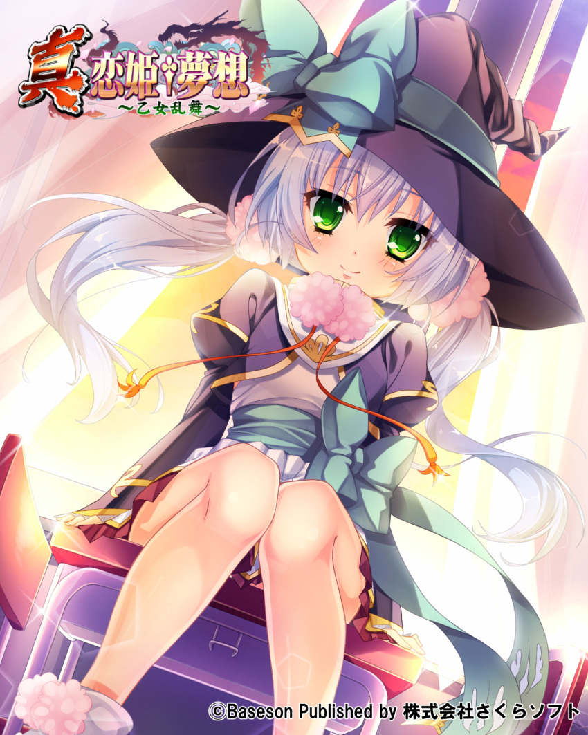 (#)w(#) 1girl blue_hair chair copyright_name cropped_jacket desk dress green_eyes hat highres houtou jacket koihime_musou long_hair official_art on_desk sitting sitting_on_desk smile socks solo twintails white_dress witch_hat