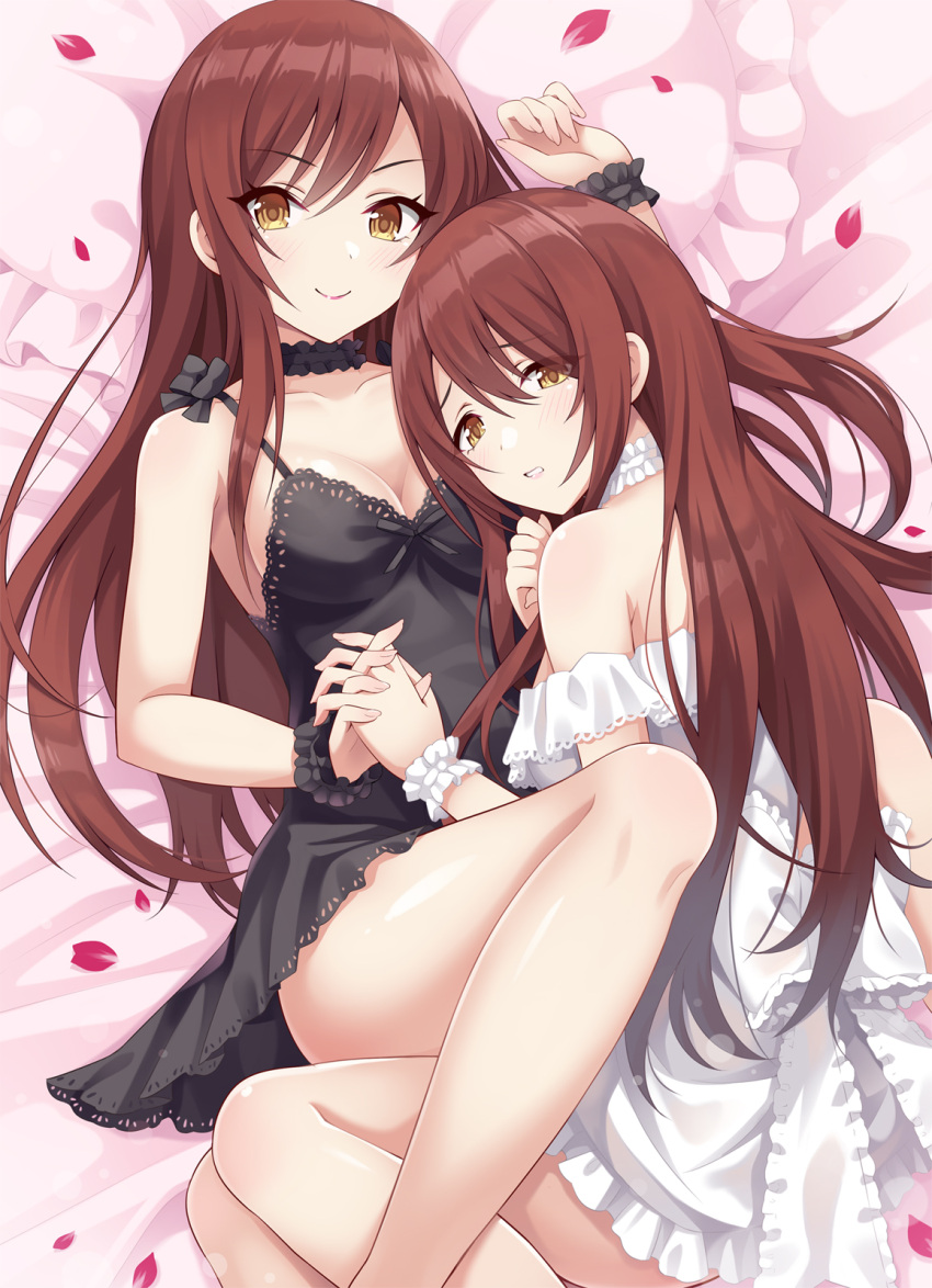 2girls bare_shoulders black_dress blush breasts brown_eyes brown_hair choker cleavage commentary_request dress eyebrows_visible_through_hair hair_between_eyes hand_holding highres idolmaster idolmaster_shiny_colors interlocked_fingers long_hair looking_at_viewer medium_breasts multiple_girls oosaki_amana oosaki_tenka parted_lips petals siblings sisters smile thighs twins urabi_(tomatohouse) white_dress wrist_cuffs yellow_eyes