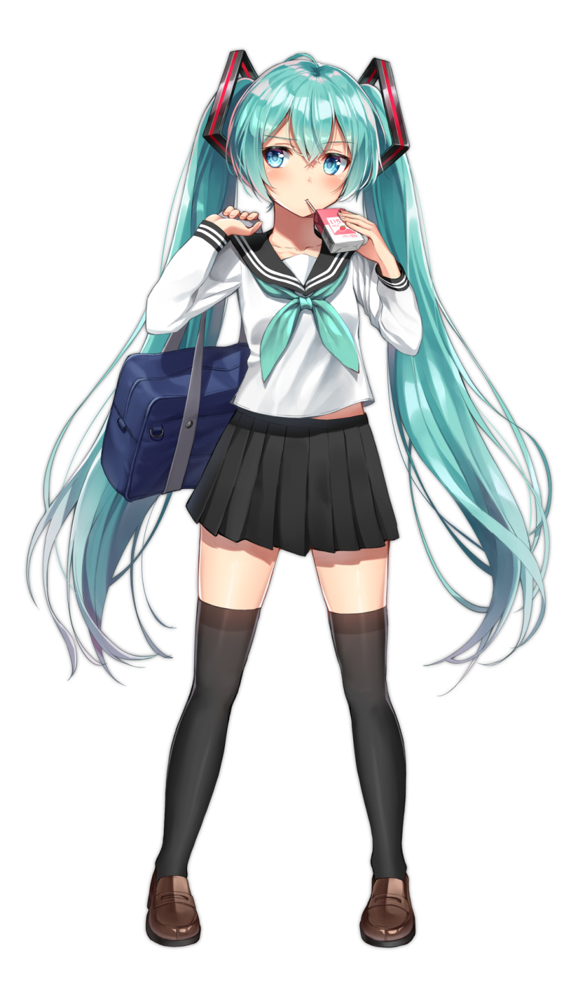 1girl ahoge aqua_eyes aqua_hair aqua_neckwear bag bangs black_legwear black_sailor_collar black_skirt blouse blush brown_footwear commentary_request drinking drinking_straw eyebrows_visible_through_hair full_body hair_ornament hatsune_miku highres long_hair long_sleeves milk_carton neckerchief pleated_skirt sailor_collar school_bag school_uniform serafuku shiny shiny_hair shoes skirt solo standing strawberry_milk superpig thigh-highs twintails very_long_hair vocaloid white_blouse