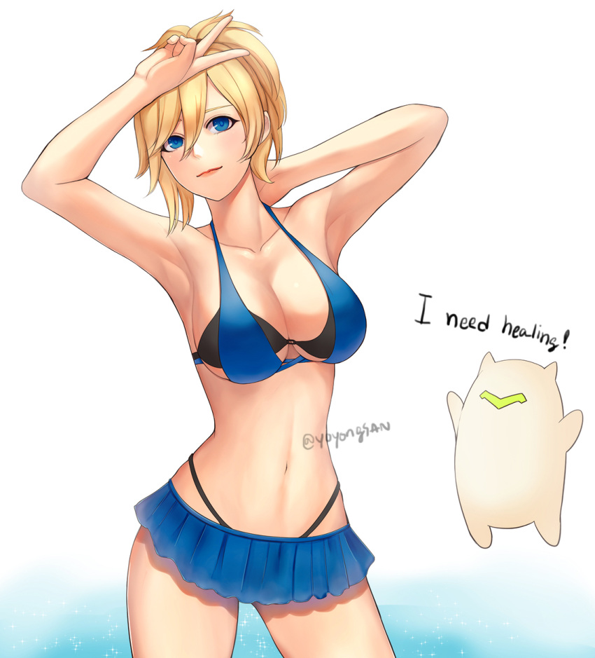 1boy 1girl arms_up bangs black_bra black_panties blonde_hair blue_background blue_eyes blue_skirt bra breasts collarbone cowboy_shot english english_commentary genji_(overwatch) gradient gradient_background hair_between_eyes halterneck high_ponytail highleg highleg_panties highres large_breasts looking_at_viewer mercy_(overwatch) microskirt navel no_headwear no_wings nose overwatch panties skirt smile twitter_username underwear v white_background yoyongsan