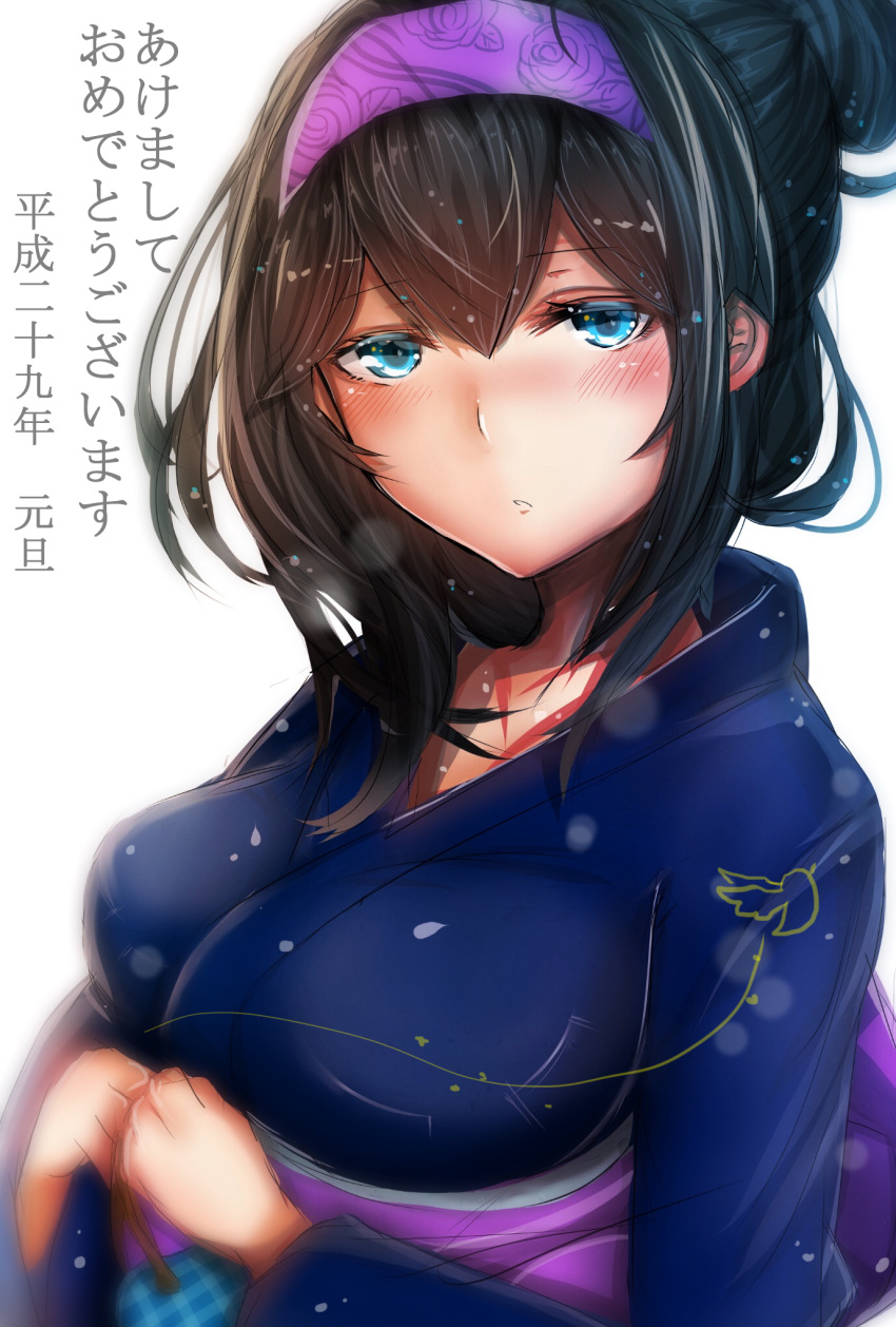 1girl black_hair blue_eyes blush breasts commentary_request graphite_(medium) hair_up hairband highres idolmaster idolmaster_cinderella_girls japanese_clothes kimono large_breasts looking_at_viewer mechanical_pencil nengajou new_year okato pencil sagisawa_fumika solo traditional_media translated