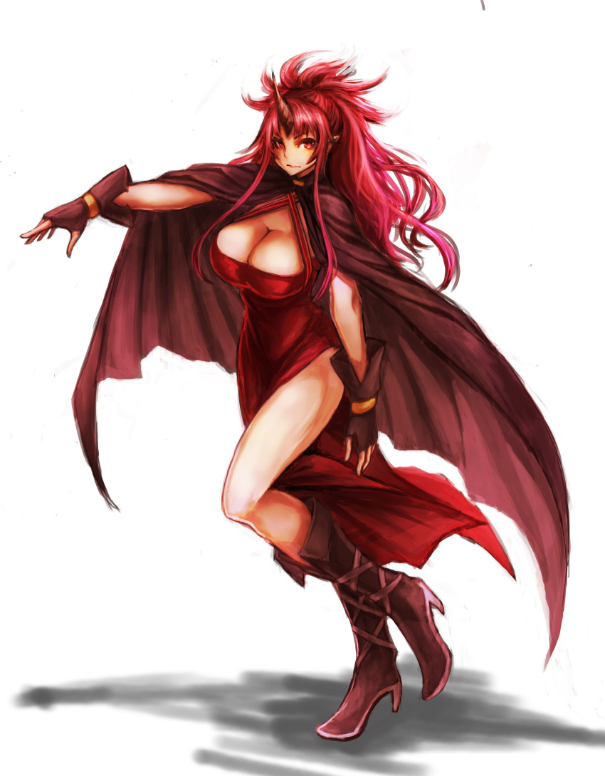 1girl absurdres breasts cleavage_cutout cloak gloves highres horn hrtyuk long_hair looking_at_viewer original pointy_ears red_eyes redhead solo