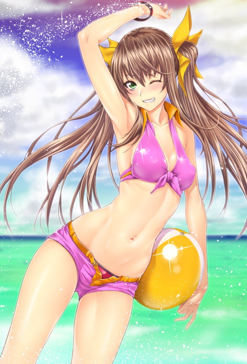 1girl ;d absurdres arm_up armpits ball bangs bare_arms bare_legs bare_shoulders beach beachball bikini bikini_under_clothes blue_sky blush bracelet breasts brown_hair cleavage clouds cloudy_sky collarbone cowboy_shot day enty_reward erect_nipples eyebrows eyebrows_visible_through_hair fang front-tie_bikini front-tie_top green_eyes grin groin hair_between_eyes hair_ribbon halter_top halterneck highres holding holding_ball huang_lingyin infinite_stratos jewelry legs_apart long_hair looking_at_viewer navel ocean one_eye_closed open_mouth outdoors paid_reward pink_bikini purple_bikini purple_shorts red_bikini_bottom ribbon shiny shiny_clothes short_shorts shorts sky small_breasts smile solo standing stomach summer swimsuit teeth twintails unbuttoned very_long_hair water zucchini