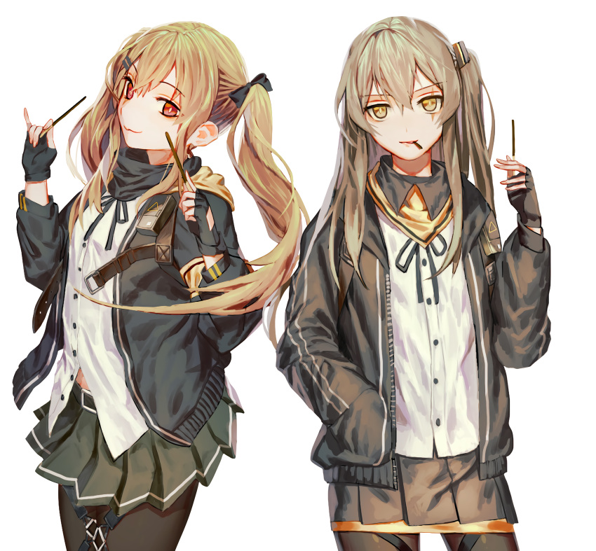 absurdres armband bangs belt black_legwear black_skirt blush brown_eyes brown_hair buckle buttons closed_mouth daeraeband eating eyebrows_visible_through_hair fingerless_gloves floating_hair food girls_frontline gloves hair_between_eyes hair_ornament hairclip hand_in_pocket highres holding_pocky jacket long_hair looking_at_viewer multiple_girls one_side_up pantyhose parted_lips pleated_skirt pocky scar scar_across_eye shirt sidelocks skirt smile standing strap twintails ump45_(girls_frontline) ump9_(girls_frontline) white_shirt yellow_eyes