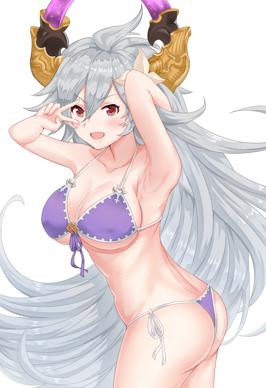 1girl ahoge armpits arms_up ass bangs bare_shoulders bikini blush breasts cleavage collarbone cosplay draph eyebrows_visible_through_hair flower front-tie_bikini front-tie_top granblue_fantasy grey_hair hair_between_eyes hair_flower hair_ornament hand_gesture highres hips horns jeanne_d'arc_(granblue_fantasy) jeanne_d'arc_(granblue_fantasy)_(cosplay) large_breasts lily_(flower) long_hair looking_at_viewer open_mouth purple_bikini red_eyes side-tie_bikini simple_background smile solo springveiv swimsuit thalatha_(granblue_fantasy) v very_long_hair waist white_background
