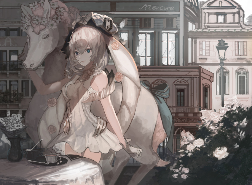 1girl absurdres animal arm_up bangs bare_shoulders blue_bow blue_eyes bow building closed_eyes closed_mouth commentary_request cup day dress fate/grand_order fate_(series) flower frilled_hat frills gloves hair_between_eyes hair_flower hair_ornament hat highres horse lamppost long_hair marie_antoinette_(fate/grand_order) ori_(momonimo) outdoors pink_flower pink_rose rose sleeveless sleeveless_dress smile solo spoon standing sugar_cube teacup twintails very_long_hair white_dress white_flower white_gloves white_hair white_hat white_rose
