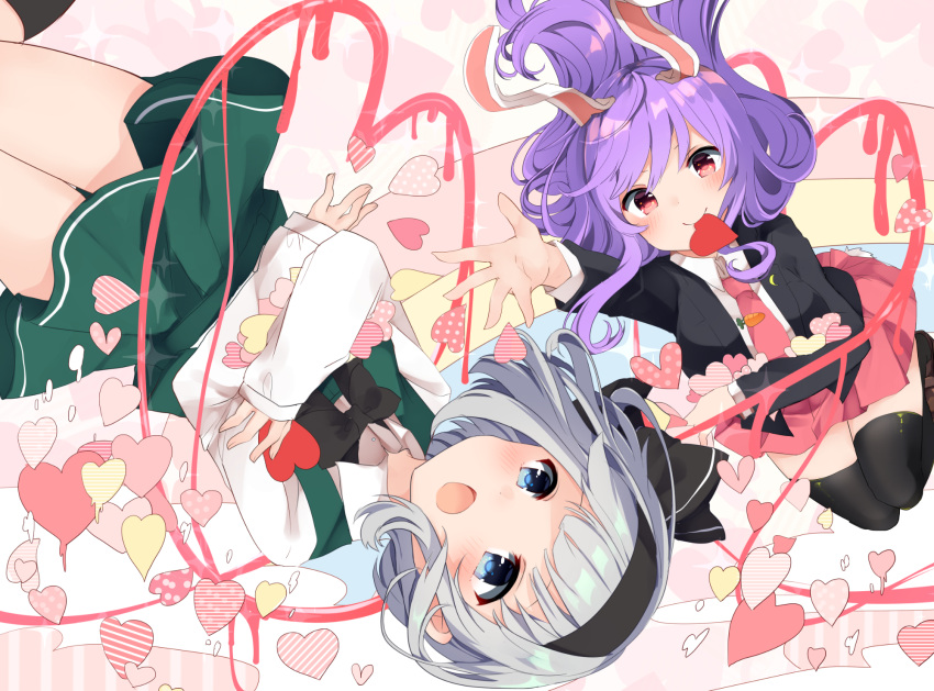 2girls animal_ears bent_knees black_blazer black_bow black_hairband black_legwear blue_eyes bow bowtie carrot collared_shirt crescent green_skirt green_vest grey_hair hairband heart heart_of_string highres karasusou_nano konpaku_youmu long_hair long_sleeves looking_at_viewer midair multiple_girls necktie open_mouth pin pink_skirt pleated_skirt purple_hair rabbit_ears reaching red_eyes red_neckwear reisen_udongein_inaba shirt short_hair skirt thigh-highs touhou valentine vest white_shirt zettai_ryouiki