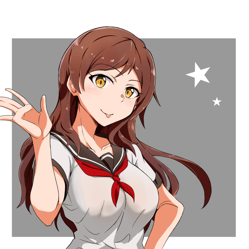 1girl :p absurdres breasts brown_eyes brown_hair highres idolmaster idolmaster_million_live! j.roswel kitazawa_shiho large_breasts long_hair looking_at_viewer school_uniform serafuku short_sleeves solo star tongue tongue_out waving