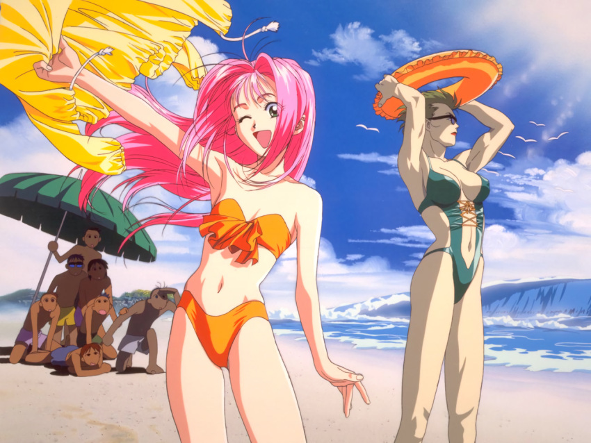 2girls 6+boys 90s arm_up arms_up beach beach_umbrella bikini breasts carrying_overhead day flat_chest green_eyes green_hair holding_innertube katsura_ken'ichirou lipstick long_hair looking_at_viewer macross macross_7 makeup medium_breasts multiple_boys multiple_girls mylene_jenius navel official_art one_eye_closed open_mouth orange_bikini outdoors pink_hair profile red_lipstick removing_jacket short_hair standing staring strapless strapless_bikini sunglasses swimsuit umbrella veffidas_feaze water