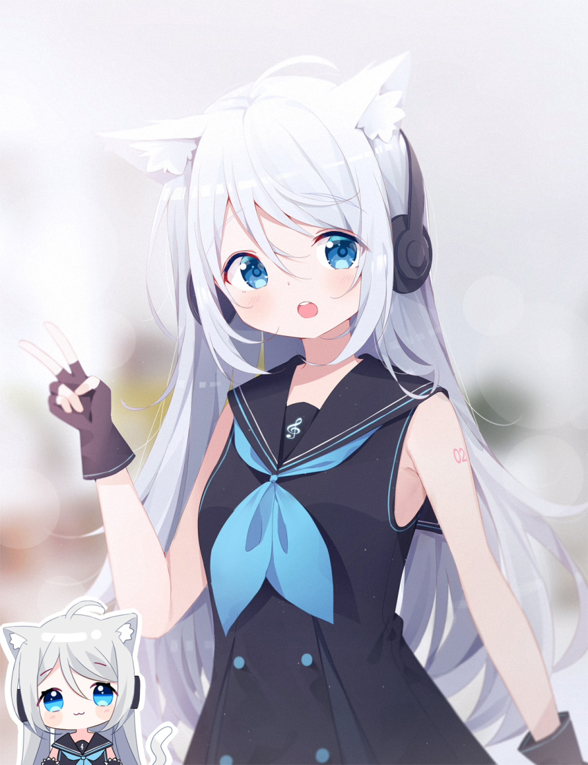 1girl :o ahoge amatsuka_uto animal_ear_fluff animal_ears bangs bare_shoulders black_dress black_gloves black_sailor_collar blue_eyes blue_neckwear blurry blurry_background blush breasts cat_ears chibi chibi_inset commentary_request depth_of_field deyui dress eyebrows_visible_through_hair fingerless_gloves gloves hair_between_eyes hand_up headphones highres indie_virtual_youtuber long_hair looking_at_viewer multiple_views neckerchief open_mouth sailor_collar sailor_dress silver_hair sleeveless sleeveless_dress small_breasts teeth treble_clef upper_teeth v very_long_hair virtual_youtuber