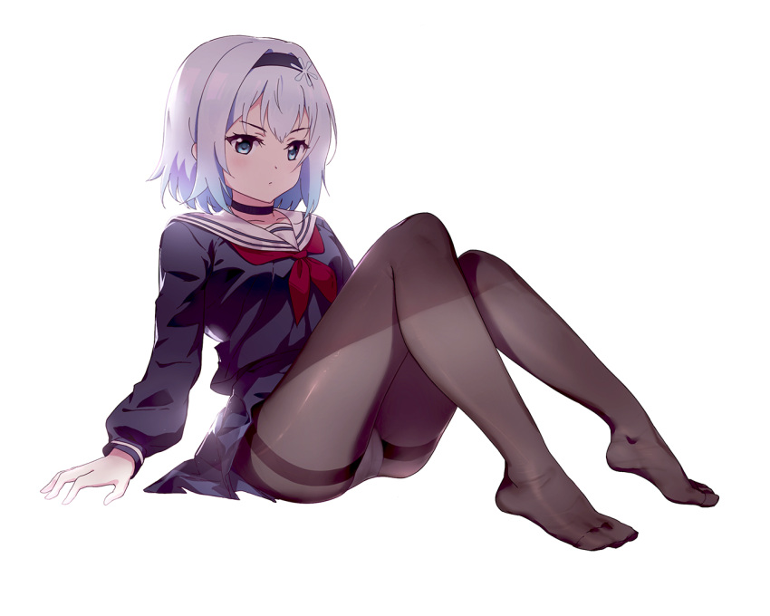 1girl bangs black_choker black_hairband black_legwear black_serafuku black_shirt black_skirt blue_eyes choker collarbone eyebrows_visible_through_hair hair_ornament hairband long_sleeves looking_at_viewer neckerchief no_shoes pantyhose pleated_skirt red_neckwear ryuuou_no_oshigoto! sailor_collar school_uniform serafuku shirt shou_xian_wu silver_hair simple_background sitting skirt snowflake_hair_ornament solo sora_ginko thighband_pantyhose v-shaped_eyebrows white_background white_sailor_collar