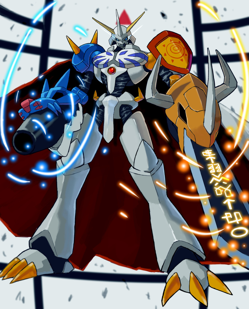 absurdres armor blue_eyes cape claws digimon digimon_adventure highres horns monster no_humans omegamon spikes sword tesshii_(riza4828) weapon