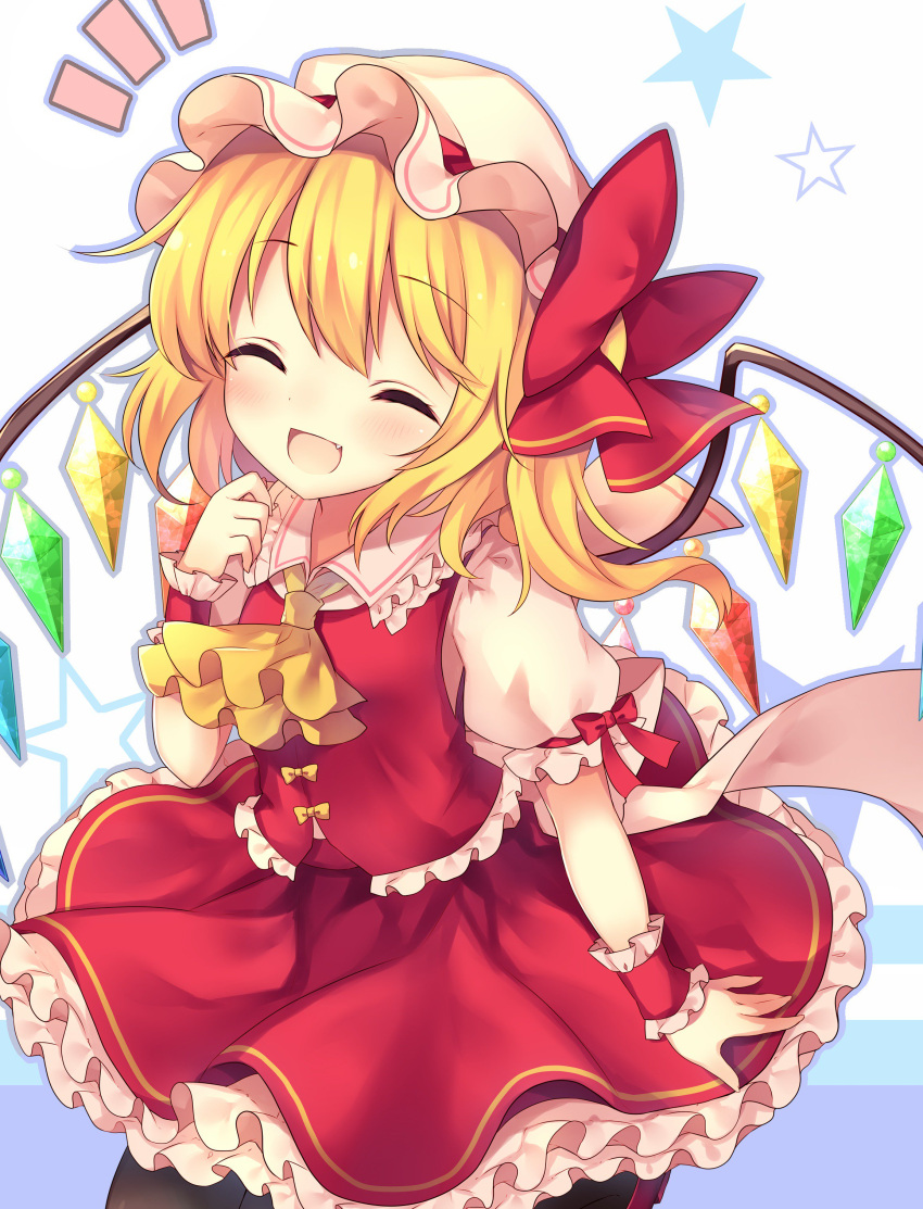 1girl :d ^_^ absurdres ascot black_legwear blonde_hair blush bow closed_eyes commentary_request crystal eyebrows_visible_through_hair fang flandre_scarlet frilled_shirt_collar frills hair_between_eyes hand_up hat hat_bow head_tilt highres mob_cap open_mouth petticoat puffy_short_sleeves puffy_sleeves red_bow red_eyes red_footwear red_skirt red_vest ruhika shadow shoes short_hair short_sleeves side_ponytail simple_background skirt smile solo star touhou vest white_background white_hat wings wrist_cuffs yellow_neckwear