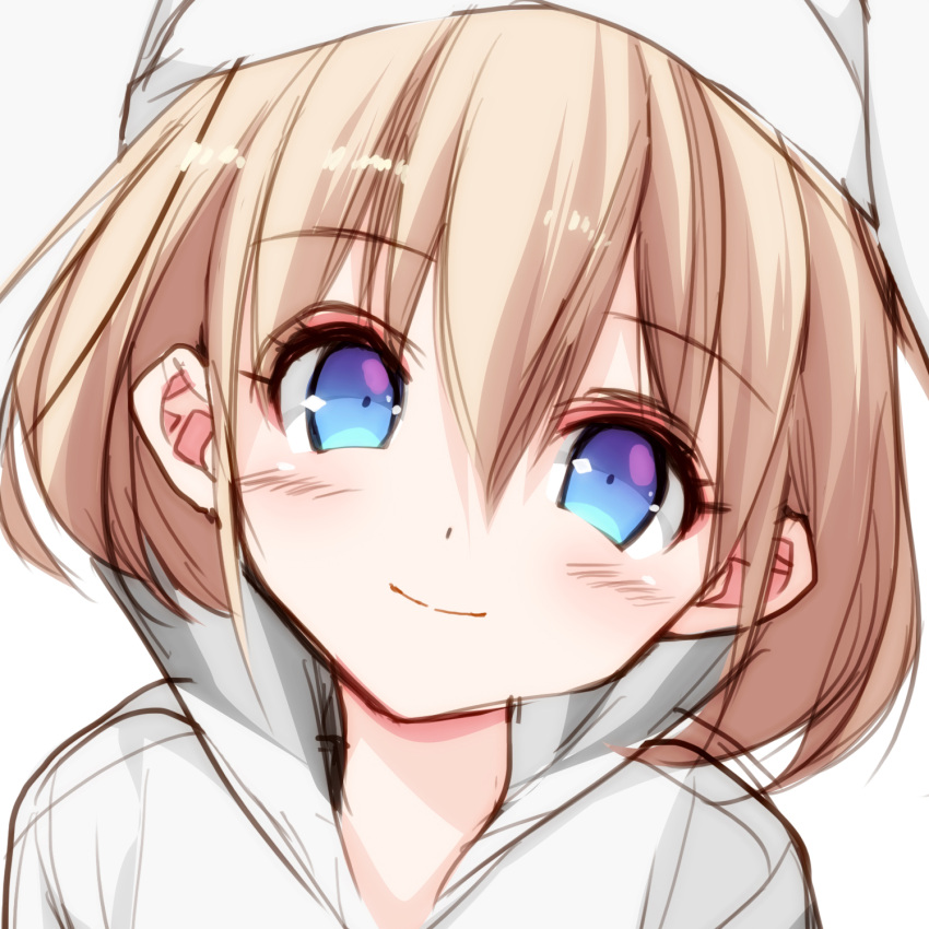 1girl bangs blonde_hair blush blush_stickers closed_mouth commentary ears_visible_through_hair eyebrows_visible_through_hair hair_between_eyes highres looking_at_viewer misteor multicolored multicolored_eyes original shirt short_hair smile solo white_background white_shirt