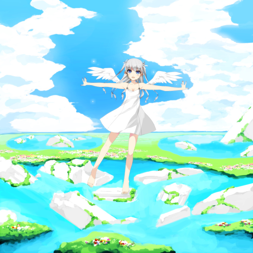 1girl absurdres bangs blue_eyes breasts cleavage clouds collarbone commentary dress eyebrows_visible_through_hair flower grey_hair hair_between_eyes highres long_hair looking_at_viewer misteor open_mouth original outstretched_arms sky solo tied_hair twintails water white_dress wings