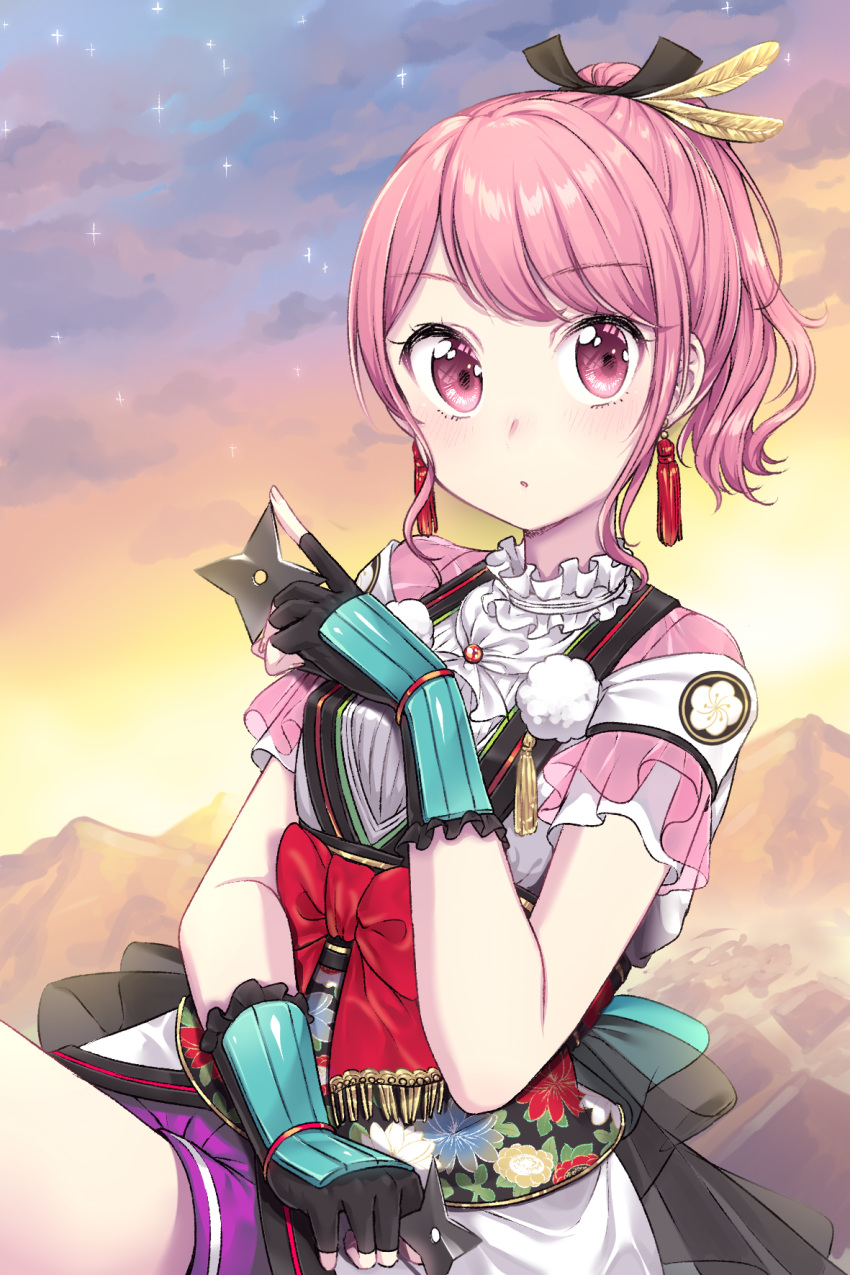 1girl :o bang_dream! bangs black_gloves black_ribbon blue_bow blush bow clouds cloudy_sky earrings eyebrows_visible_through_hair feathers fingerless_gloves floral_print frills gloves hair_feathers hair_ribbon high_ponytail highres holding jewelry looking_at_viewer maruyama_aya outdoors parted_lips pink_eyes pink_hair ponytail purple_skirt ribbon shirt short_sleeves shuriken sidelocks skirt sky solo sparkle umeno white_shirt yellow_feathers
