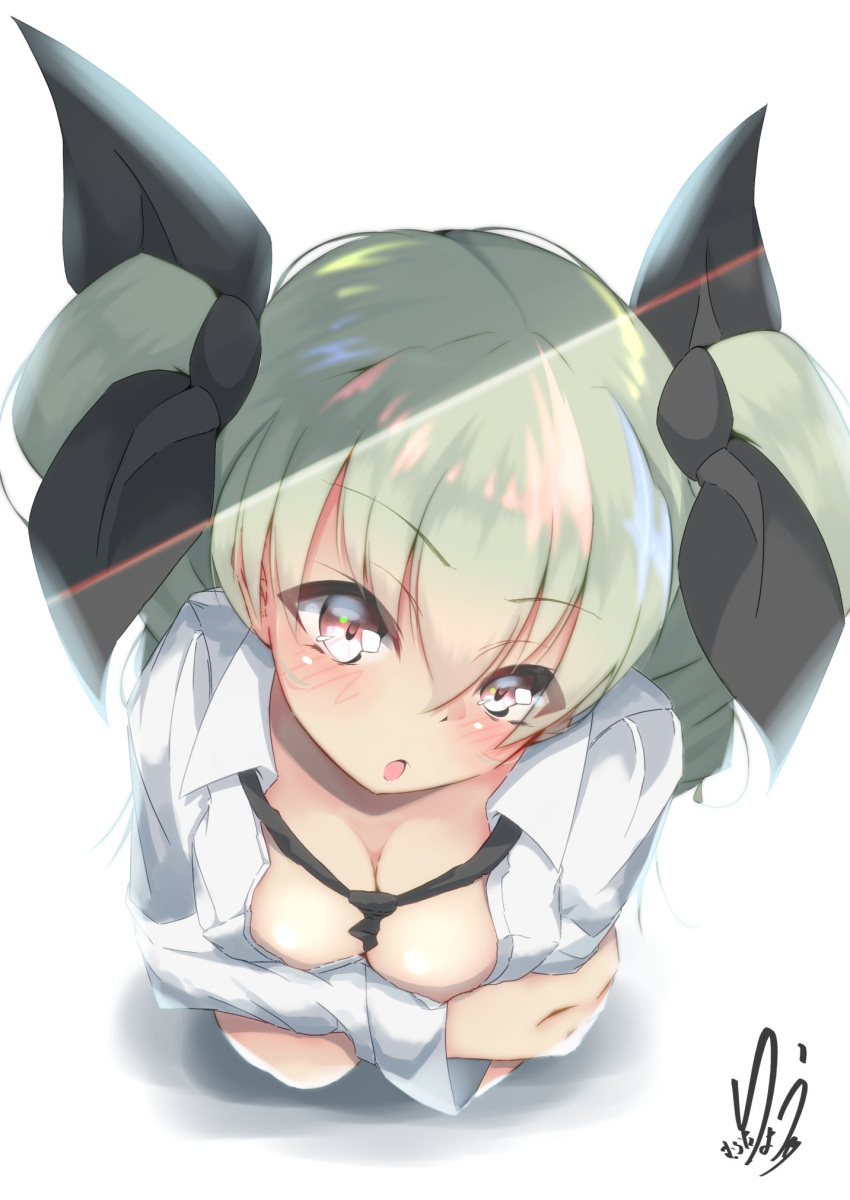 1girl :o anchovy artist_name bangs between_breasts black_neckwear black_ribbon breasts cleavage commentary_request dress_shirt drill_hair eyebrows_visible_through_hair from_above girls_und_panzer green_hair hair_ribbon head_tilt highres long_hair long_sleeves looking_at_viewer looking_up loose_necktie medium_breasts murata_ryou necktie open_clothes open_mouth open_shirt red_eyes ribbon shirt signature simple_background solo standing twin_drills twintails white_background white_shirt wing_collar