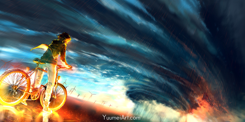 1girl bicycle brown_hair clouds cloudy_sky dutch_angle facing_away from_behind ground_vehicle highres long_sleeves original outdoors rain short_hair sky solo storm_cloud watermark web_address wenqing_yan wind wind_turbine windmill