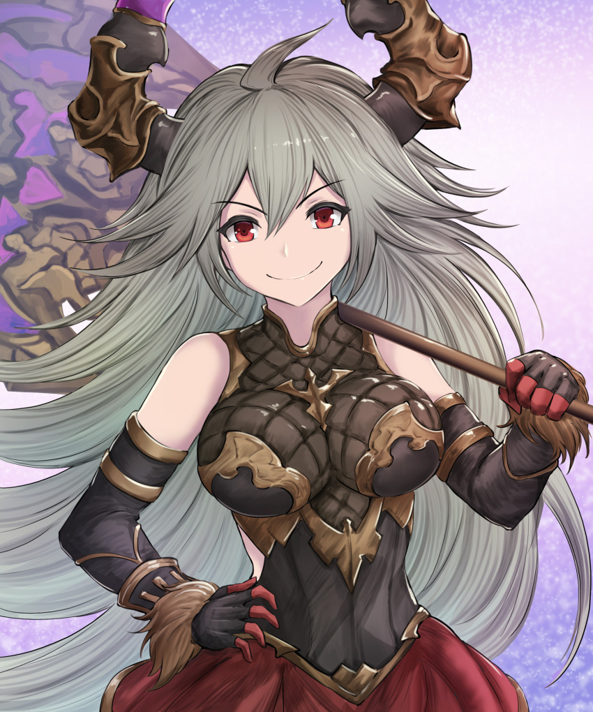 1girl absurdres ahoge axe bangs black_gloves breastplate breasts draph elbow_gloves eyebrows_visible_through_hair gloves gradient gradient_background granblue_fantasy grey_hair hair_between_eyes hand_on_hip highres horns large_breasts long_hair looking_at_viewer purple_background red_eyes red_skirt skirt smile solo thalatha_(granblue_fantasy) very_long_hair yuki7128