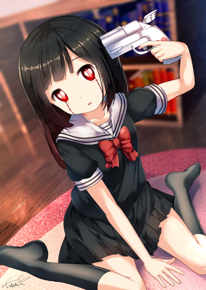 1girl arm_between_legs arm_support asagiri_aya bangs black_hair black_legwear black_serafuku black_shirt black_skirt blood bloody_tears blurry blurry_background book bow bowtie chinomaron collarbone commentary_request crying depth_of_field dutch_angle eyebrows_visible_through_hair gun gun_to_head handgun head_tilt heart heart-shaped_pupils highres holding holding_gun holding_weapon indoors kneehighs long_hair looking_at_viewer mahou_shoujo_site no_shoes on_floor parted_lips pleated_skirt red_eyes red_neckwear revision sailor_collar school_uniform serafuku shirt short_sleeves signature skirt solo symbol-shaped_pupils weapon white_sailor_collar