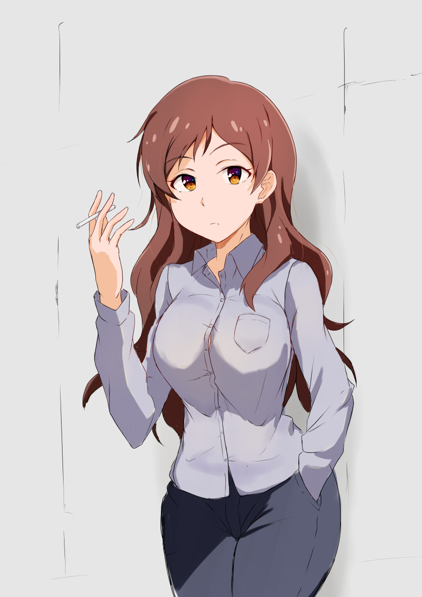 1girl absurdres against_wall brown_eyes brown_hair cigarette dress_shirt hand_in_pocket highres idolmaster idolmaster_million_live! j.roswel kitazawa_shiho long_hair looking_at_viewer pants shirt solo