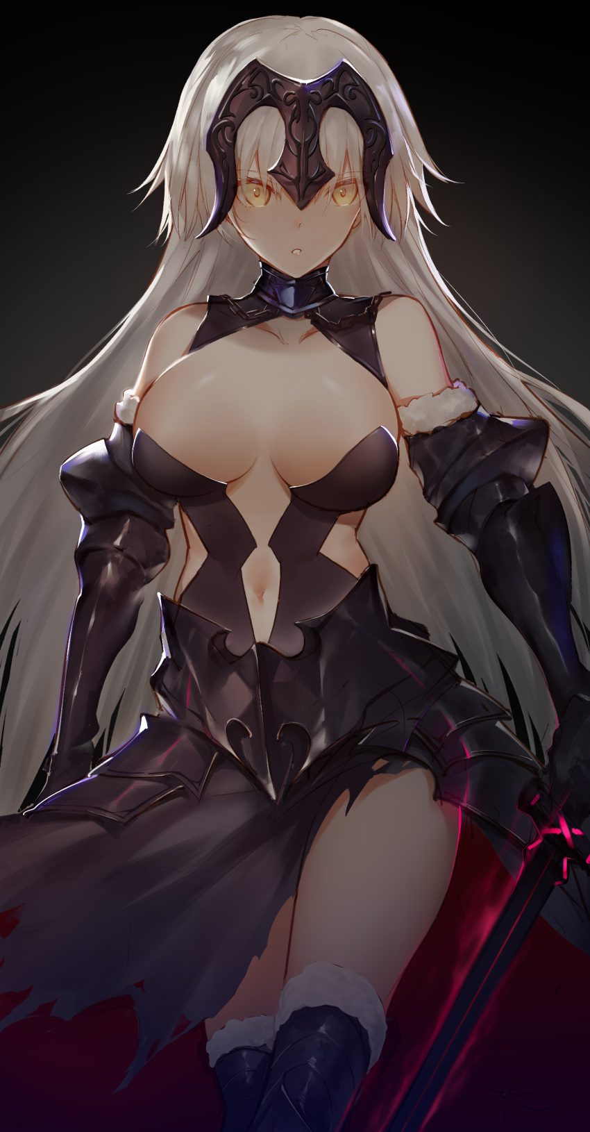 1girl absurdres armor armored_dress bangs black_dress breasts dress fate/grand_order fate_(series) faulds fur_trim headpiece highres holding holding_sword holding_weapon horz jeanne_d'arc_(alter)_(fate) jeanne_d'arc_(fate)_(all) large_breasts long_hair looking_at_viewer parted_lips silver_hair solo sword thigh-highs thighs tsurime vambraces weapon white_legwear yellow_eyes