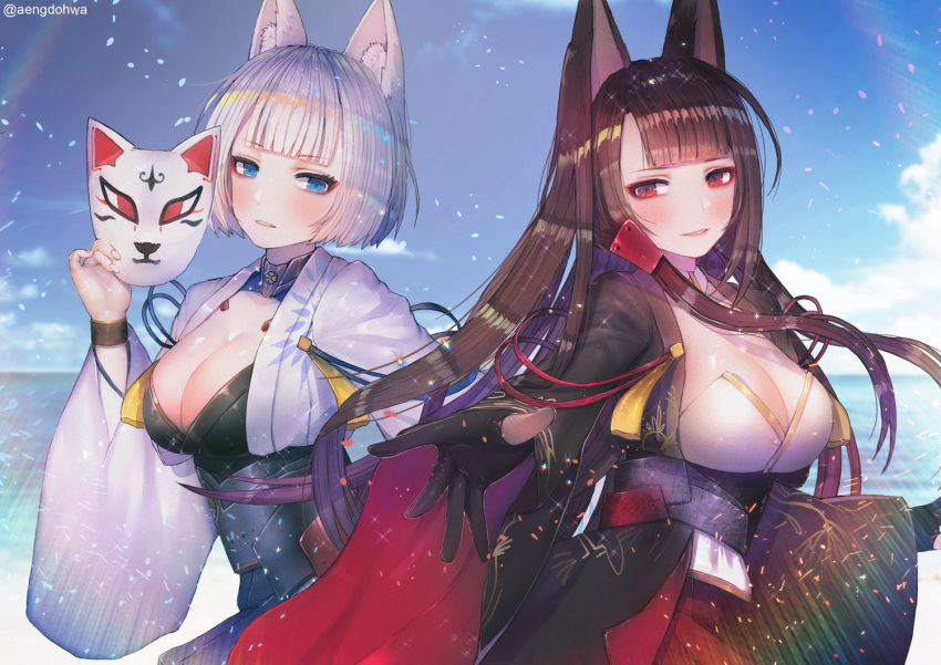 2girls aiguillette akagi_(azur_lane) animal_ears azur_lane bangs beach black_hair black_legwear blue_eyes blue_sky blunt_bangs blush breasts brown_hair choker cleavage clouds collar commentary confetti eyeshadow floating_hair fox_ears fox_mask gloves hair_ornament half-closed_eyes hanato_(seonoaiko) holding holding_mask japanese_clothes kaga_(azur_lane) large_breasts light_particles light_rays long_hair looking_at_viewer makeup mask multiple_girls ocean open_mouth outdoors parted_lips partly_fingerless_gloves petals pleated_skirt reaching_out red_eyes red_skirt rigging sand short_hair skirt sky smile thigh-highs thighs twitter_username water white_hair wide_sleeves wrist_straps