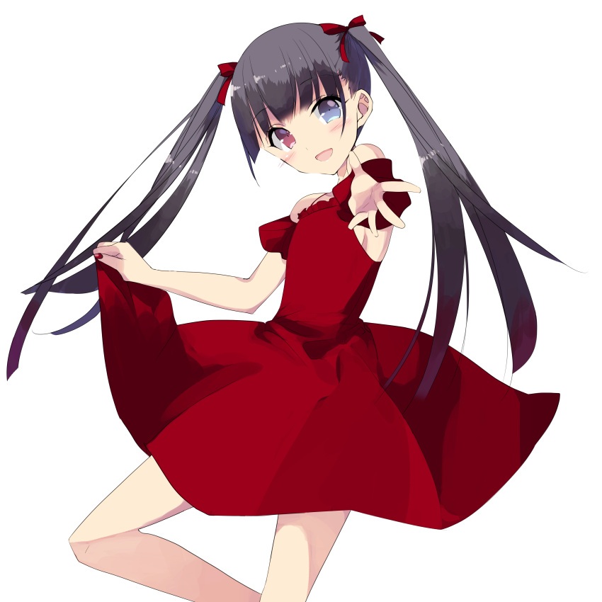 1girl absurdres bent_elbow bent_knee black_hair blush blush_stickers bow breasts commentary dress eyebrows_visible_through_hair hair_bow heterochromia highres long_hair looking_at_viewer misteor open_mouth original outstretched_arm red_bow red_dress solo twintails white_background