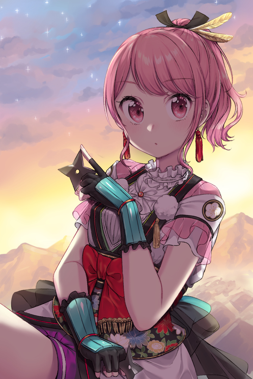 1girl :o bang_dream! bangs black_gloves black_ribbon blue_bow blush bow clouds cloudy_sky commentary_request earrings eyebrows_visible_through_hair feathers fingerless_gloves floral_print frills gloves hair_feathers hair_ribbon high_ponytail highres holding jewelry looking_at_viewer maruyama_aya outdoors parted_lips pink_eyes pink_hair ponytail purple_skirt ribbon shirt short_sleeves shuriken sidelocks skirt sky solo sparkle umeno white_shirt yellow_feathers