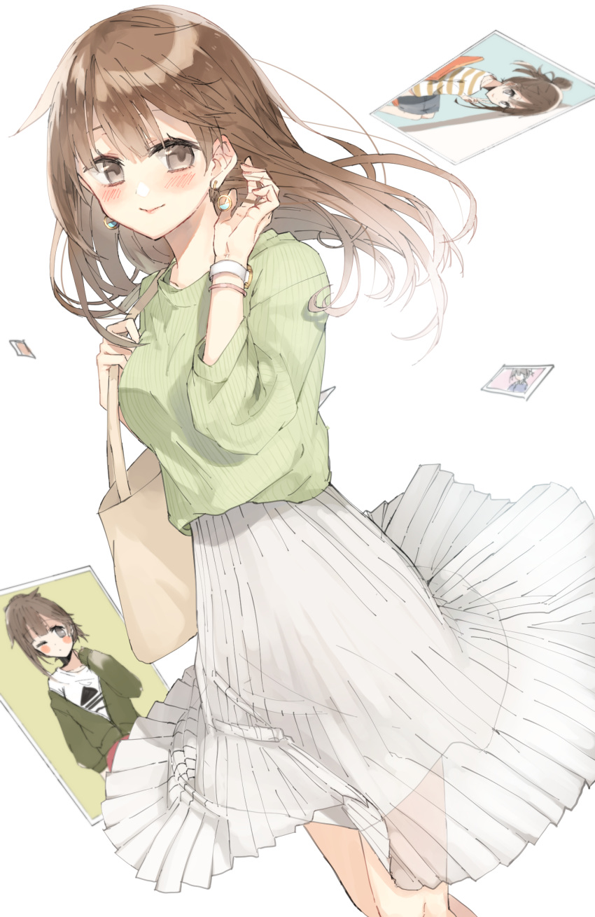 1girl bag bangs blush breasts brown_eyes brown_hair chibirisu closed_mouth collarbone dutch_angle earrings eyebrows_visible_through_hair green_shirt hair_between_eyes hand_up highres jewelry long_hair long_skirt long_sleeves looking_at_viewer medium_breasts original photo_(object) pleated_skirt see-through shirt shopping_bag simple_background skirt smile solo watch watch white_background white_skirt