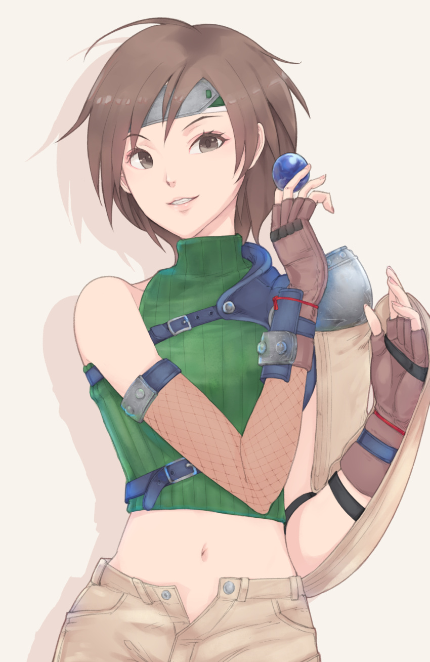 1girl armor bangs breasts brown_eyes brown_gloves brown_hair brown_shorts buckle chienon commentary cowboy_shot cropped_sweater drop_shadow final_fantasy final_fantasy_vii fingerless_gloves forehead_protector gloves green_sweater grin headband highres holding lips looking_at_viewer making-of_available materia medium_breasts midriff navel open_fly pauldrons ribbed_sweater short_hair shorts shoulder_armor single_bare_shoulder single_pauldron sleeveless sleeveless_turtleneck smile solo standing sweater turtleneck turtleneck_sweater unzipped white_background yuffie_kisaragi