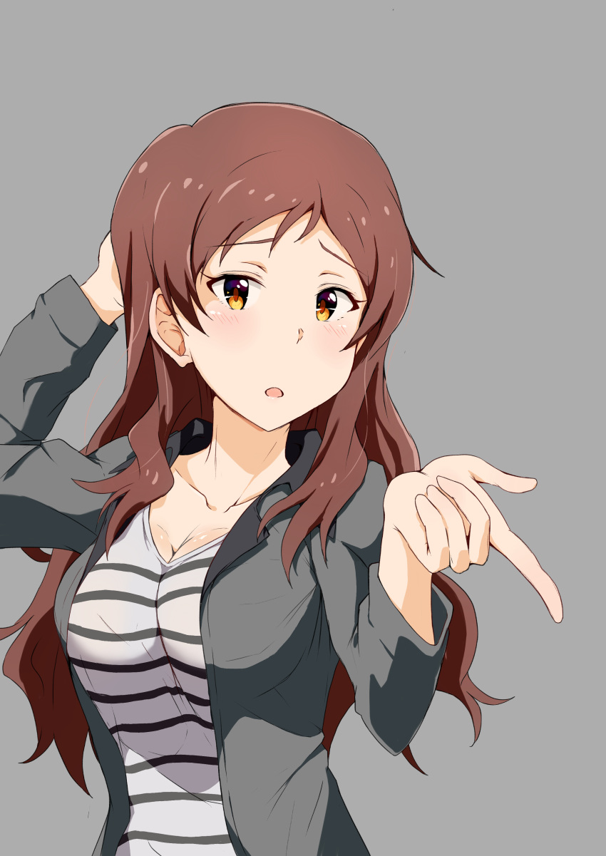 1girl absurdres arm_behind_head blush breasts brown_hair cleavage grey_background highres idolmaster idolmaster_million_live! j.roswel kitazawa_shiho large_breasts long_hair long_sleeves looking_at_viewer open_mouth shirt simple_background solo striped striped_shirt