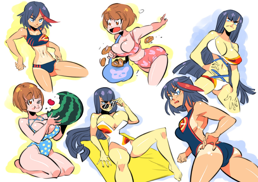 3girls bikini black_hair blue_eyes bob_cut breasts cleavage eating food fruit junketsu kill_la_kill kiryuuin_satsuki long_hair mankanshoku_mako matoi_ryuuko multicolored_hair multiple_girls rafchu redhead senketsu short_hair swimsuit tan tanline thick_eyebrows two-tone_hair watermelon