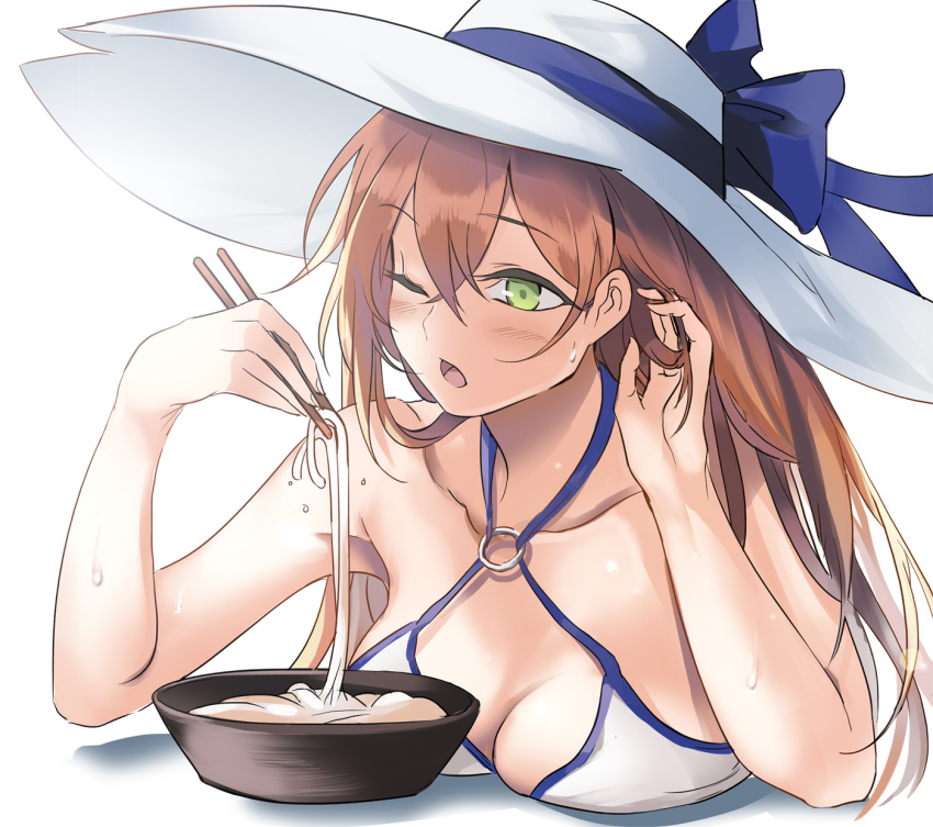 1girl alternate_costume bangs bikini blush breast_rest breasts brown_hair chopsticks cleavage collarbone crossed_bangs eating elbow_rest eyebrows_visible_through_hair girls_frontline green_eyes hair_between_eyes hair_rings hand_in_hair hat highres holding holding_chopsticks large_breasts long_hair m1903_springfield_(girls_frontline) o-ring_top one_eye_closed open_mouth sidelocks simple_background snowru solo sun_hat sweat sweatdrop swimsuit white_background white_hat