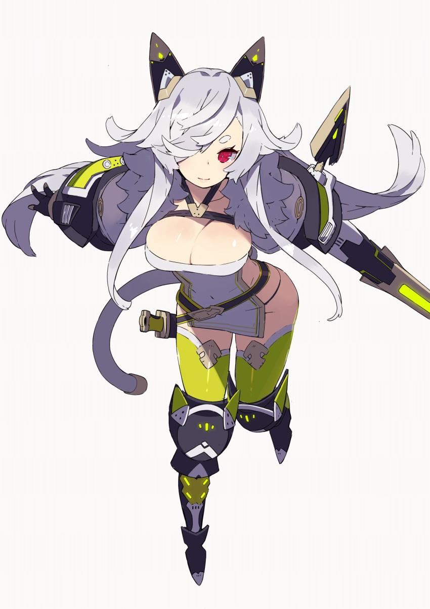 1girl breasts cleavage copyright_request covered_navel dress flipped_hair full_body gauntlets greaves green_legwear grey_background hair_over_one_eye hajime_(hajime-ill-1st) halterneck headgear highres hikimayu large_breasts leaning_forward long_hair original outstretched_arms pelvic_curtain red_eyes short_dress side_slit sidelocks silver_hair simple_background solo string_panties tail thigh-highs very_long_hair white_dress